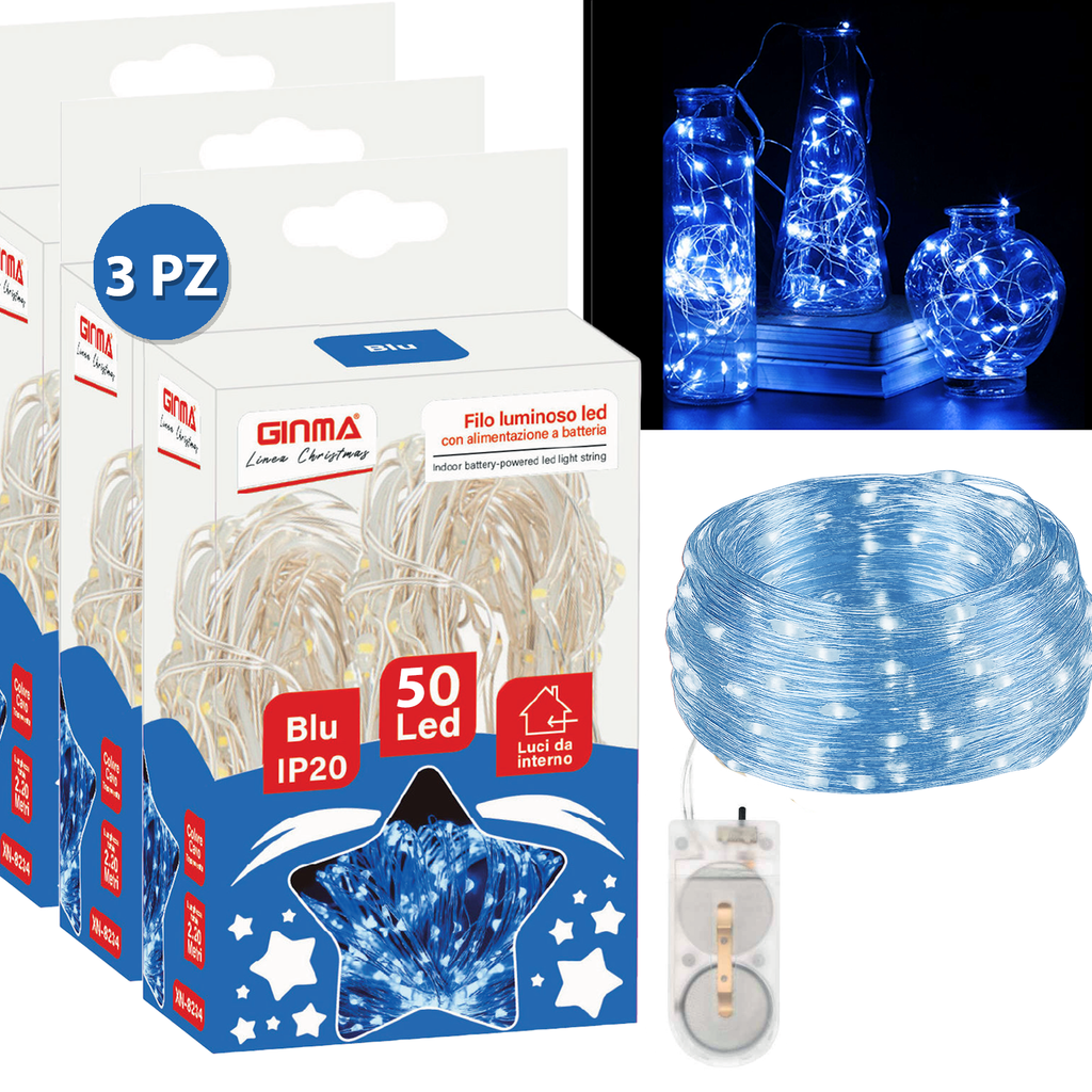 SET 3 FILI LUMINOSI A BATTERIA - BLU ZAFFIRO