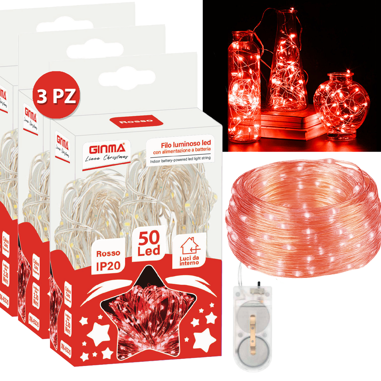 SET 3 FILI LUMINOSI A BATTERIA - ROSSO RUBINO