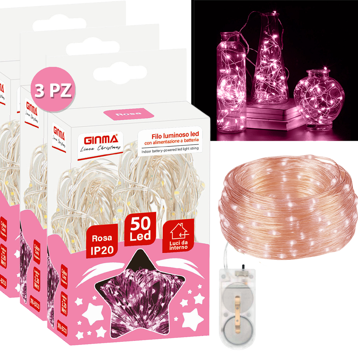 cSET 3 FILI LUMINOSI A BATTERIA - ROSA