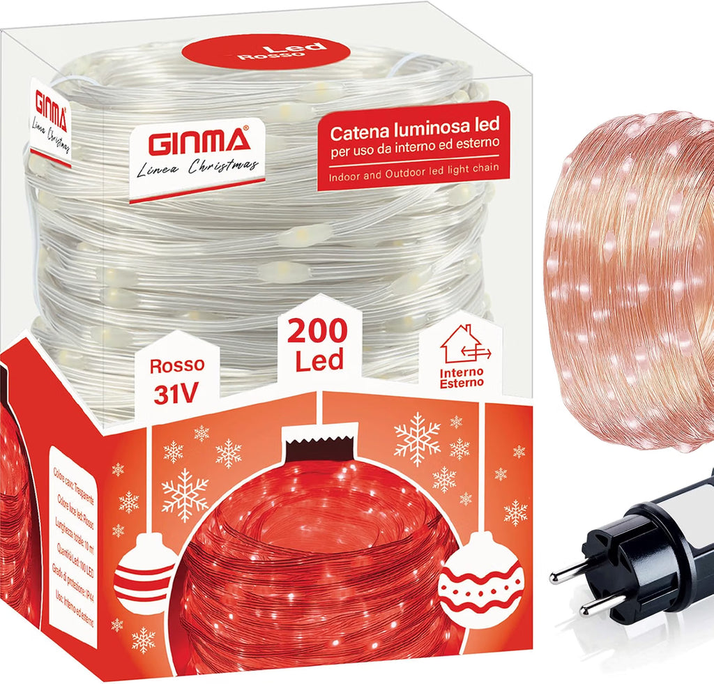 LUCE CAVO TRASPARENTE LED - ROSSO RUBINO - 8 EFFETTI LUCE