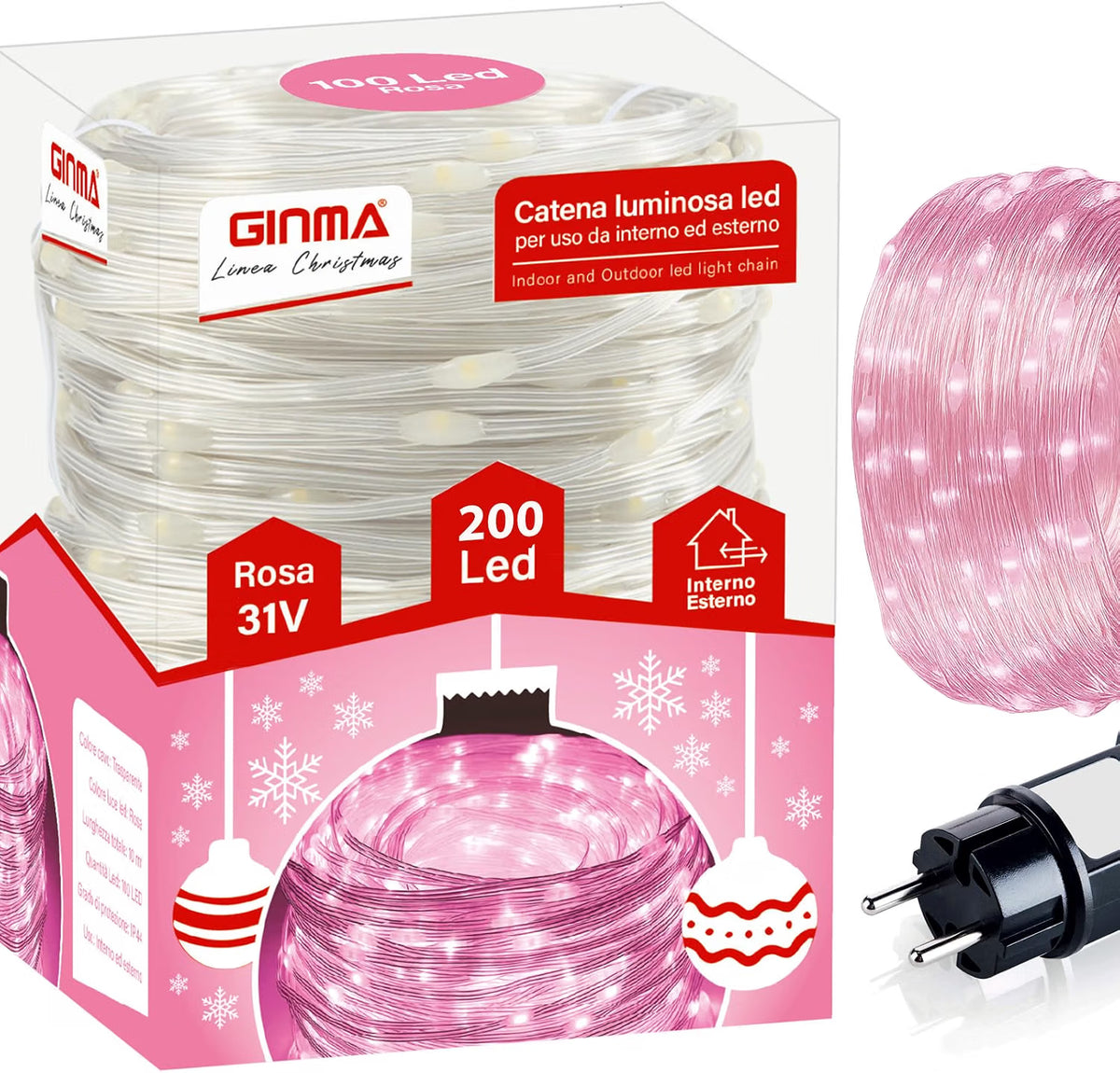 LUCE CAVO TRASPARENTE LED - ROSA - 8 EFFETTI LUCE