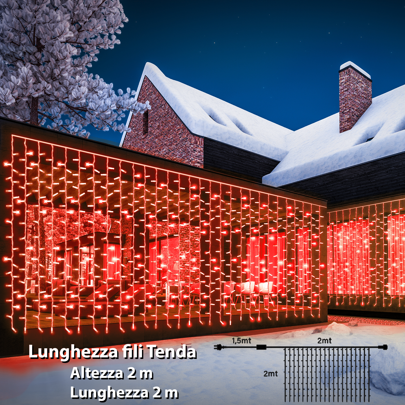 LUCE LED TENDA - ROSSO RUBINO - EFFETTO DIAMANTE